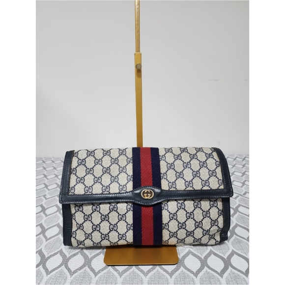 Gucci Vintage GG Sherry Line PVC Leather Clutch Beige/Navy Blue - Picture 6 of 14